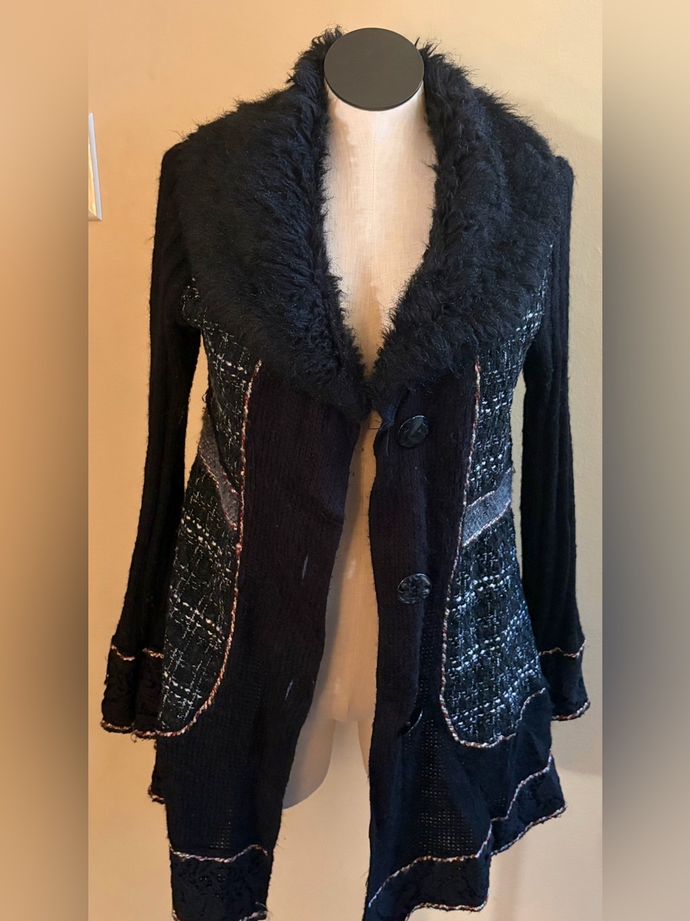 SIONI Black Faux-Fur Trim Long Cardigan Coat women's size large vintage whimsy